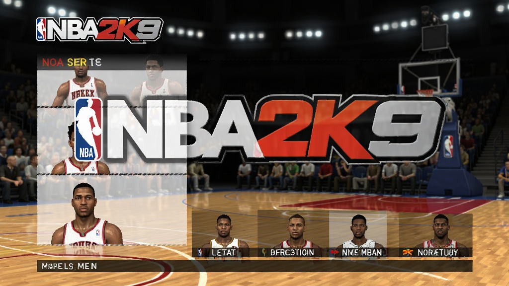 NBA2K9主界面截图 展示游戏主菜单和球员选择界面,画面清晰,具有篮球场馆背景,文字显示NBA2K9 logo