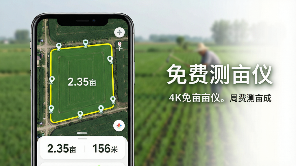 主体:免费测亩仪手机应用界面展示,屏幕中显示卫星地图上勾勒出一块绿色农田边界,边界线上有多个定位点,底部显示面积“2.35亩”和周长“156米”数据。布局:手机居中偏左,屏幕内容清晰可见,背景为模糊的农田实景,右侧留白区域放置软件名称“免费测亩仪”和简要功能标注。排版:手机屏幕特写占画面60%,背景虚化处理,整体构图平衡。风格:写实风格结合扁平化UI元素,色彩明亮自然,突出科技感与实用性。细节:地图上农田边界用亮黄色线条标记,测量数据用大号白色数字显示,界面按钮圆润,整体干净无多余元素。画质:4K高清渲染,画面通透,光线柔和,无多余元素。