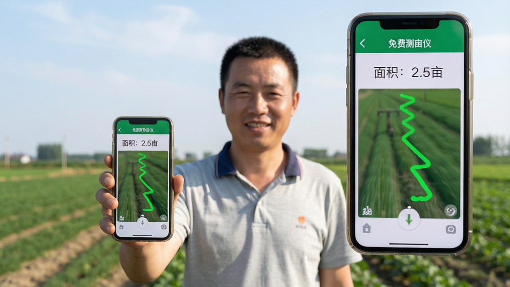 主体:用户手持手机在农田中使用免费测亩仪步行测量,手机屏幕显示绿色轨迹线与面积数据。布局:用户居中,手机屏幕放大显示在右上方,背景为农田与天空。排版:人物与手机屏幕虚实结合,突出测量过程。风格:写实摄影风格,自然光线。细节:手机屏幕中显示“面积:2.5亩”,轨迹线清晰,用户面带微笑。画质:高清照片质感,干净无多余元素。