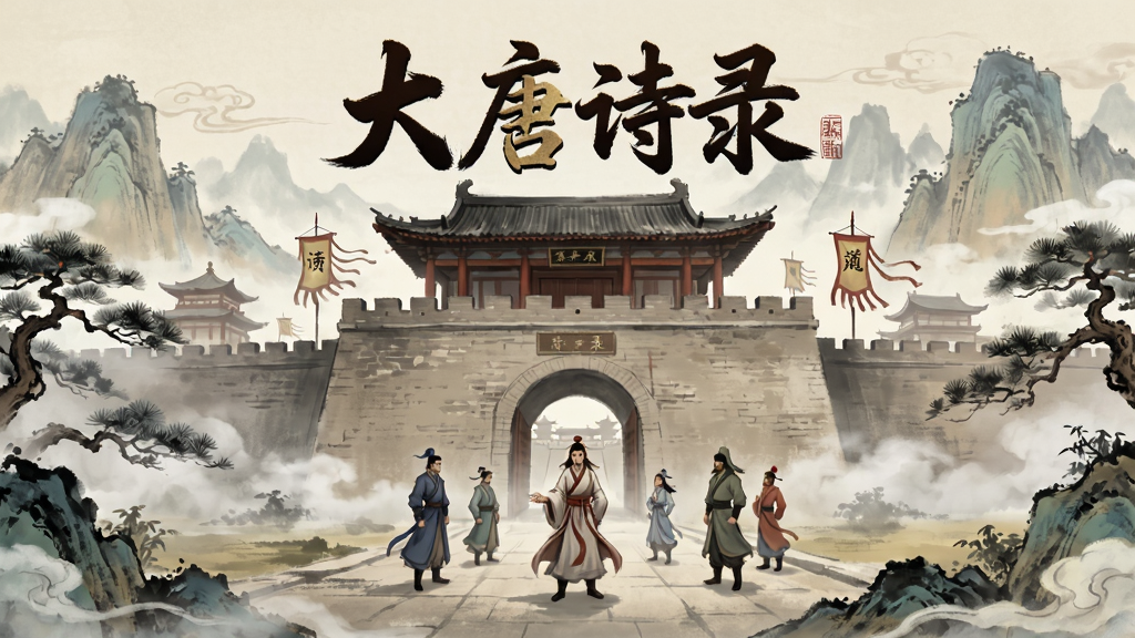 大唐诗录 主界面截图,古风山水画风格,游戏标题醒目,角色站在长安城门前,云雾缭绕,色彩淡雅,细节丰富