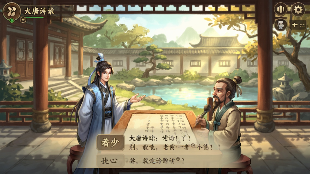 大唐诗录 游戏玩法截图,主角与NPC在庭院中对诗,界面显示选项诗句,背景是古典园林,阳光洒落,画面温馨