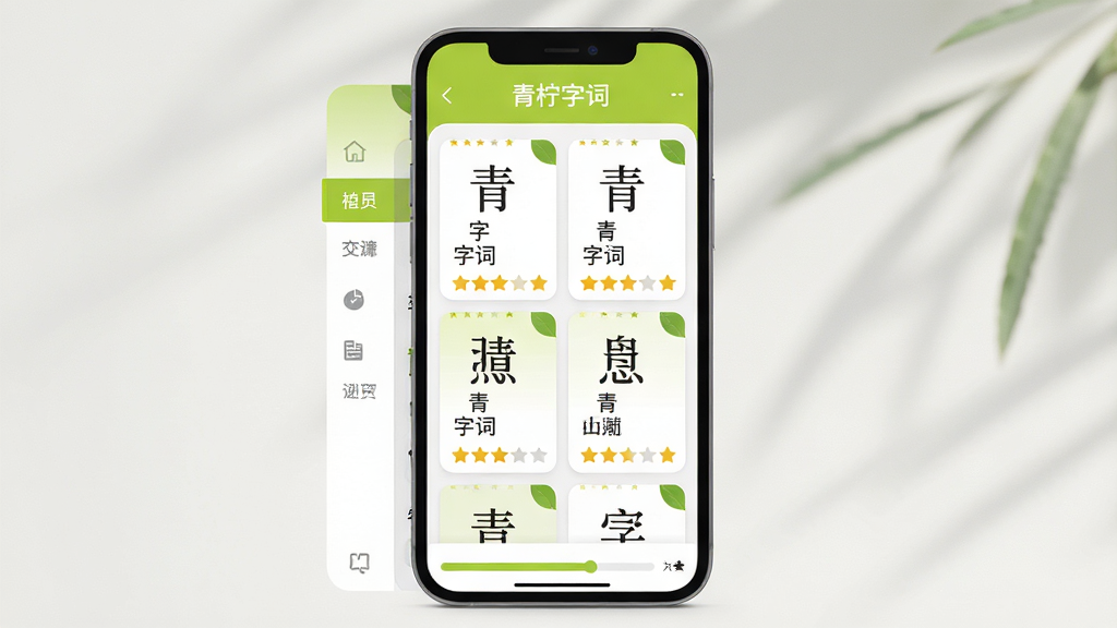 ���壺�����ִ�APP��������չʾ��һ�������ֻ���Ļ����ʾ�����ִʵ�ѧϰҳ�档���֣��ֻ����У���Ļ���������ɼ�������в˵������Ҳ�Ϊ�ִʿ�Ƭ���Ű棺��Ƭʽ���֣��ִʿ�Ƭ���������У�ÿ�ſ�Ƭ�������֡�ƴ�������塣��񣺱�ƽ����ƣ���ɫ�������̺Ͱ�ɫΪ���������������졣ϸ�ڣ���Ļ������ʾ�������ִʡ��������ײ���ѧϰ����������Ƭ������������ͼ�ꡣ���ʣ�������Ⱦ����Ӱ��Ȼ���ɾ��޶���Ԫ�ء�