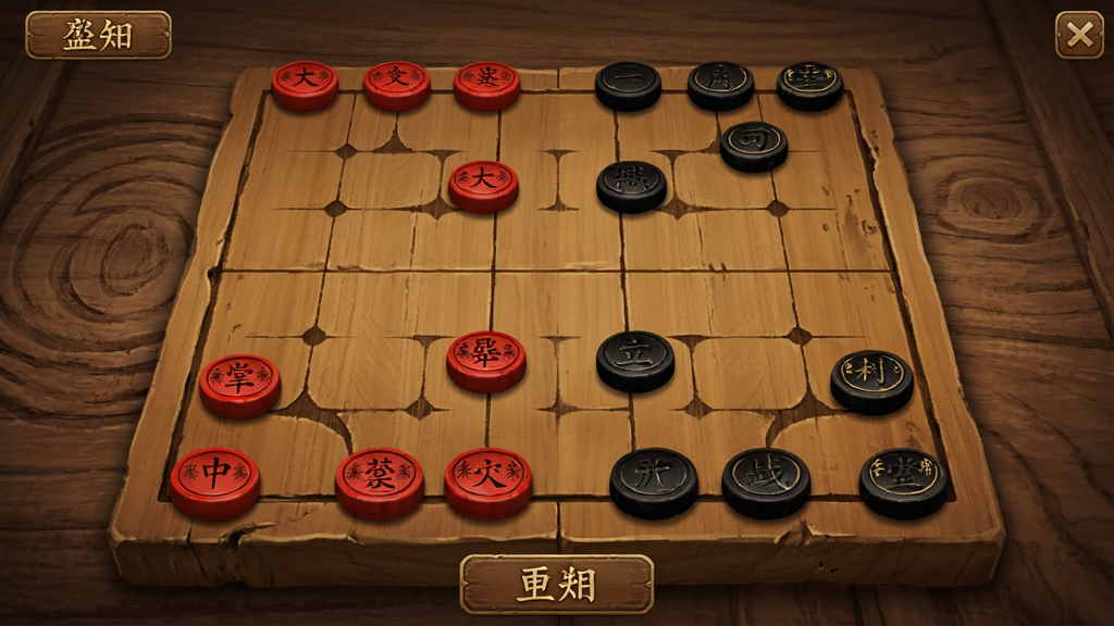 中国象棋大战 主界面截图,古朴棋盘,红黑棋子,简洁的菜单按钮,背景有木质纹理,整体风格典雅清晰