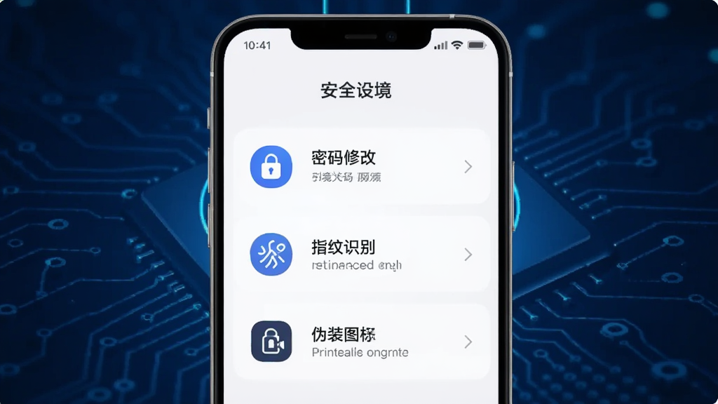 ���壺�ֻ���Ļ����ʾ�ܾ�Ӧ�õİ�ȫ���ý��棬���������޸ġ�ָ��ʶ��αװͼ���ѡ����֣��ֻ���Ļ���У�����Ϊ����ɫ�Ƽ��б������Ű棺���������б���ʽ���У�ÿ��ѡ����ͼ�������˵������񣺼���ִ���ɫ�ʴ���Э���������������ɾ��޶���Ԫ�ء�