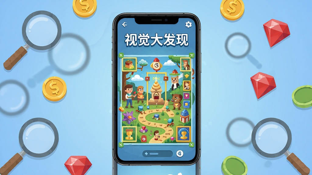 画面中央展示《视觉大发现》游戏主界面,一部智能手机屏幕特写,屏幕上呈现色彩斑斓、细节丰富的寻宝场景,画面四周散布着放大镜、金币、宝石等元素,背景为柔和的渐变蓝色,整体布局居中,排版简洁明了,扁平化设计风格,细节精致,画质高清,干净无多余元素。