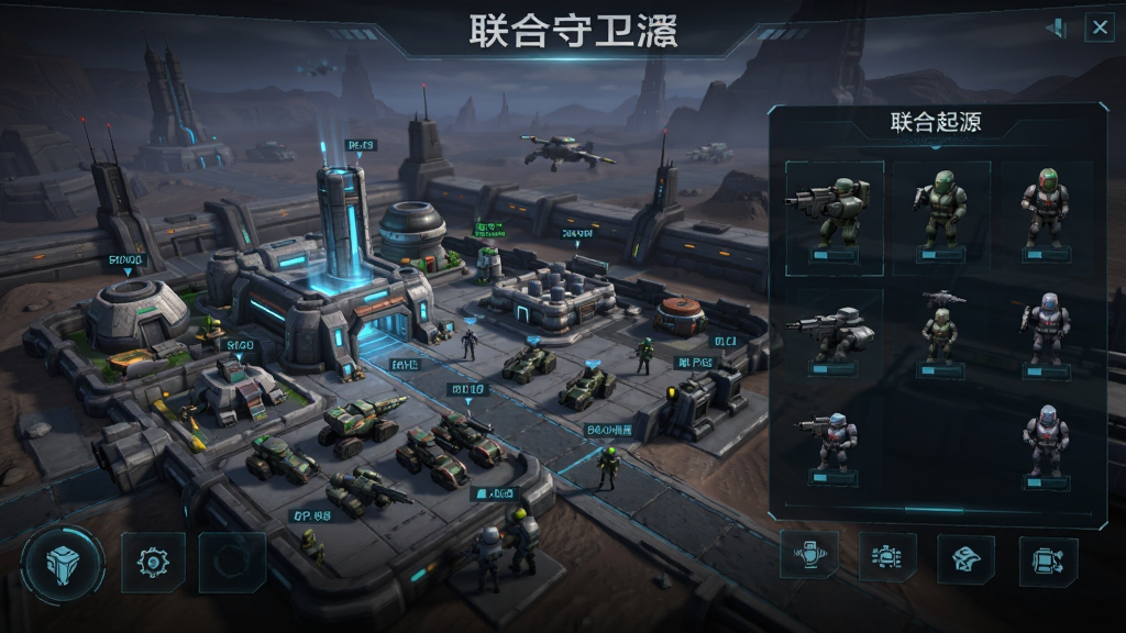 破碎起源:联合守卫者 主界面截图,展示基地建设与部队编队场景,科幻风格,UI清晰