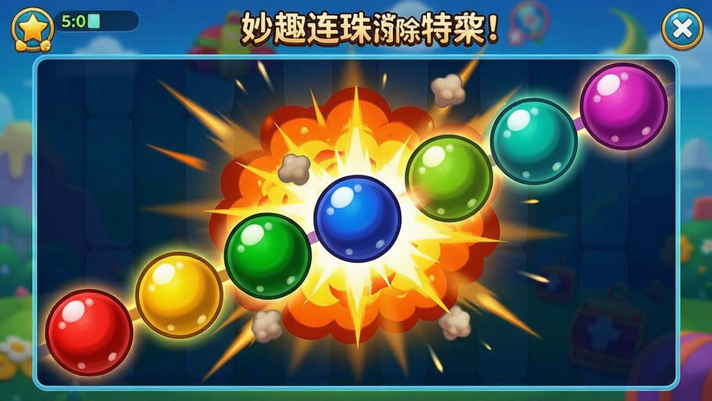妙趣连珠 消除特效截图,五彩珠子连成一线,爆炸特效,动感十足