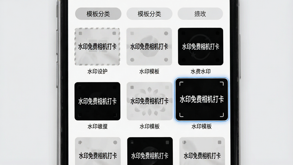 ���壺�ֻ���Ļ��չʾˮӡģ��ѡ����棬�������ж��ˮӡ��ʽԤ��ͼ�����֣��Ϸ�Ϊģ������ǩ���·�Ϊģ������ͼ�Ź����Ű棺���뻮һ��ÿ������ͼ�·���ģ�����ơ���񣺼��UI��ƣ�ǳ�ұ�����ϸ�ڣ�����һ��ģ�屻ѡ�в��Ŵ���ʾ��ˮӡ�������򿨡����������ʣ����壬�ɾ����޶���Ԫ�ء�