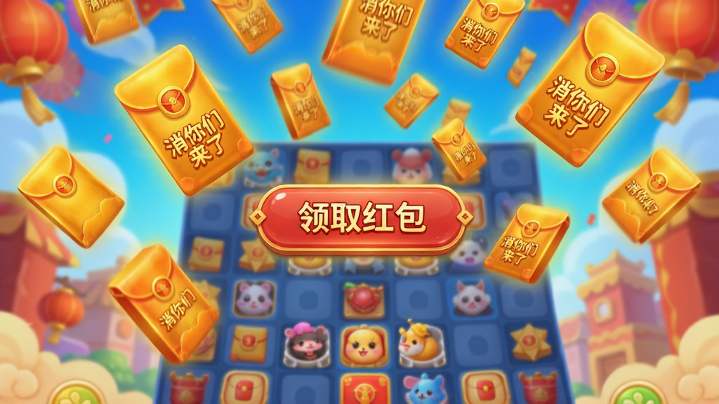 主体:游戏内红包雨特效画面,空中飘落金色红包;布局:红包从屏幕上方洒落,下方是消除棋盘;排版:红包大小错落有致,中间有“领取红包”按钮;风格:喜庆热闹的节日风格;细节:红包上印有“消你们来了”字样,背景是游戏消除场景;画质:光影效果逼真,画面明亮干净,无多余元素