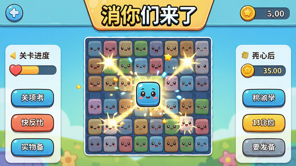 主体:游戏主界面,彩色方块消除特效;布局:居中构图,两侧展示关卡进度和金币数量;排版:UI界面清爽,功能按钮排列整齐;风格:卡通漫画风格,色彩鲜亮活泼;细节:方块上有可爱的表情图案,消除时伴有闪光粒子,界面顶部显示“消你们来了”游戏标题;画质:高清渲染,画面干净,无多余元素