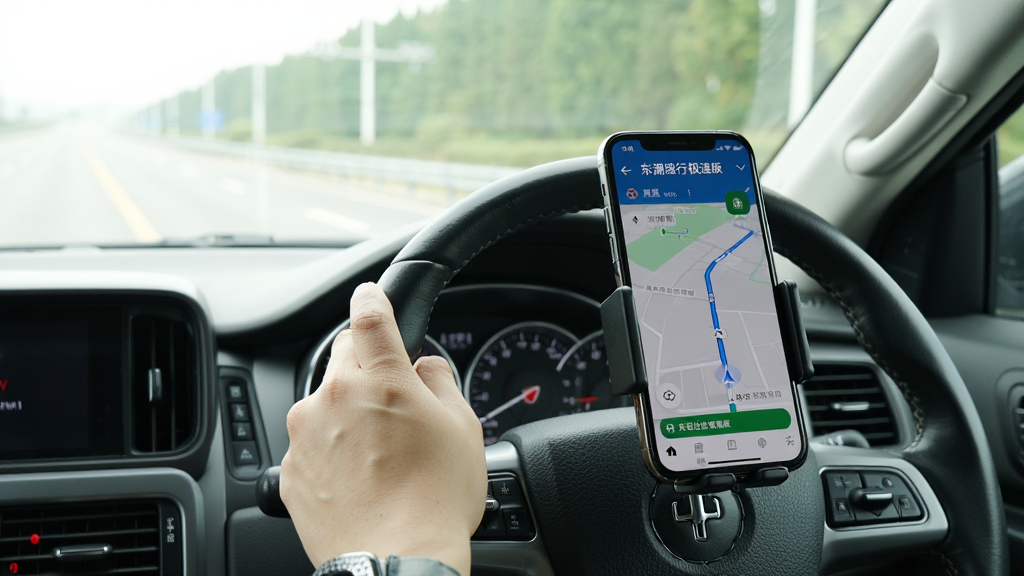 һ��չʾ˾���ڳ���ʹ�ö������м��ٰ�App��ʵ�ĳ������ֻ��̶���֧���ϣ���Ļ��ʾ����·�ߡ�����Ϊ��ʻ�ӽǣ�ǰ�����粣�����ǵ�·�����дʵ��Ȼ������������ϸ�ڰ��������̺��ֻ�֧�ܣ����ʸ��塣