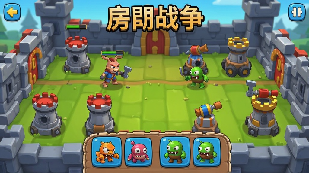 房间战争 主界面截图 展示游戏主菜单和房间战场背景,色彩鲜艳,卡通风格,包含防御塔和玩具敌人图标