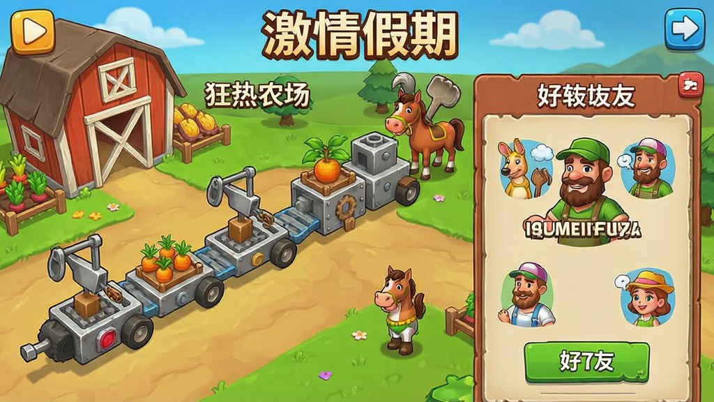 狂热农场:激情假期 游戏特色截图,展示加工生产链与好友互动界面,画面生动活泼,突出经营乐趣