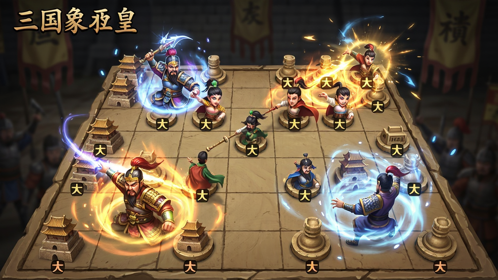 三国象棋皇 玩法亮点展示图,武将释放技能时的特效画面,棋盘上带有城池标记和兵力指示