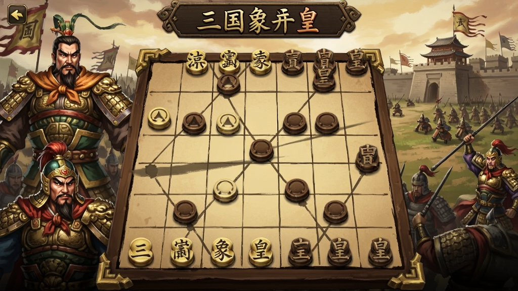 三国象棋皇 主界面截图,展现古风棋盘、三国武将立绘和攻城略地的战场背景