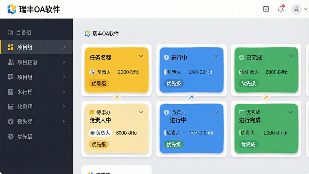 主体为瑞丰OA软件的任务看板界面,画面左侧为项目分组栏,中间为多列任务卡片,卡片上显示任务名称、负责人、截止时间与优先级标签。布局采用经典看板模式,色彩区分不同状态,如待办为黄色,进行中为蓝色,已完成为绿色。风格为现代商务风,背景为淡灰色。细节上,卡片边缘圆润,顶部有“瑞丰OA软件”的logo,画质清晰,干净无多余元素。