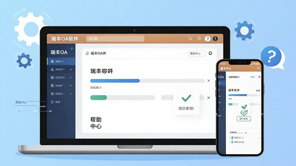 主体为一部智能手机与一台笔记本电脑并排放置,屏幕均显示瑞丰OA软件的主界面,周围有齿轮图标、问号气泡和“帮助中心”字样。布局为对称式,电脑在左,手机在右,背景为淡蓝色渐变。风格为科技感插画,细节上屏幕中有进度条和成功对勾,画质清晰,干净无多余元素。