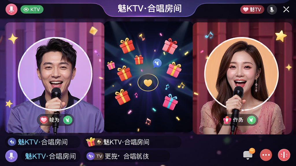 ����һ����KTV���ߺϳ�������棬���ҷ�����ʾ��λ�ݳ���ͷ���м��л�������Ʈ�����ײ�������������������ע����KTV�ϳ����䡱�������ÿ��֣�����������ϸ�ڰ�������״̬ͼ�꣬���ʸ��壬�ɾ��޶���Ԫ��