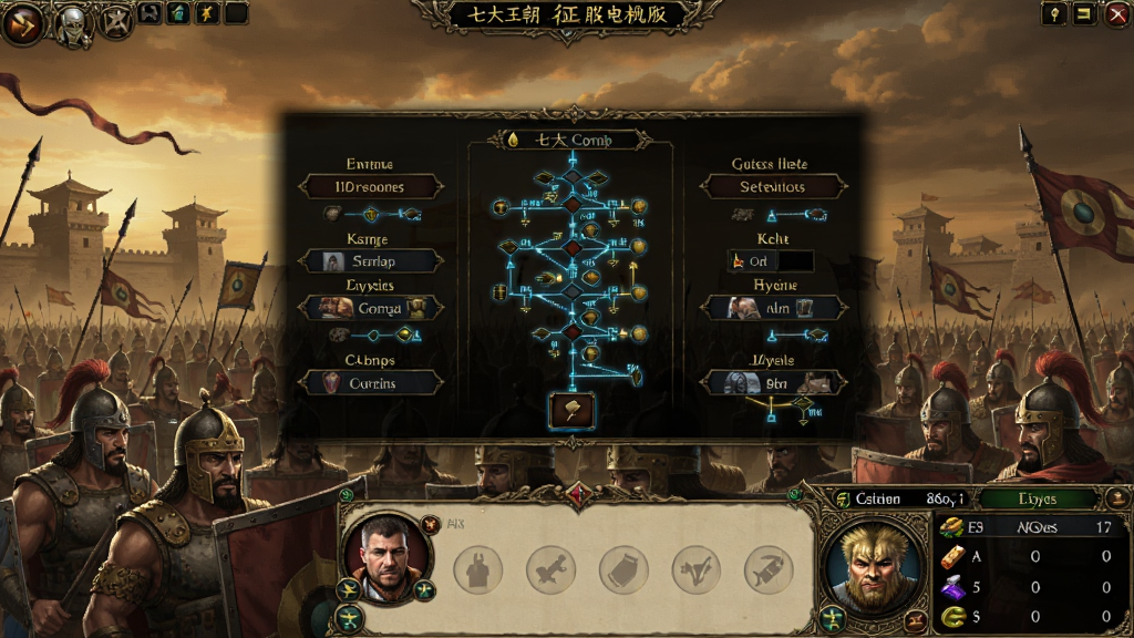 七大王朝征服电脑版 主界面截图 显示七大王朝选择画面,背景为古代战场,界面UI精致,带有科技树和资源栏,整体氛围浓厚,分辨率1920x1080