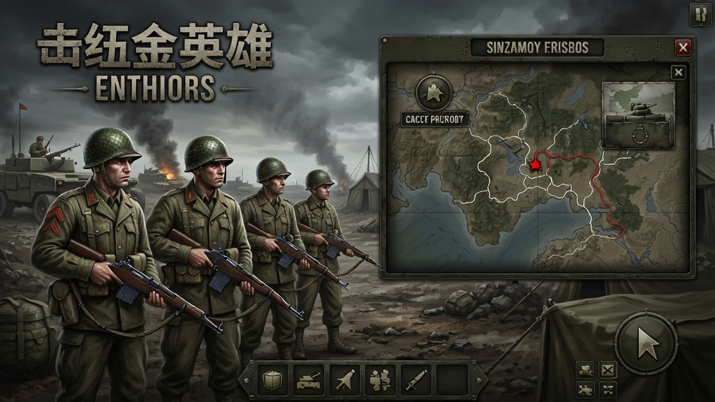 士兵:二战英雄 主界面截图 士兵二战英雄主界面,二战战场风格,士兵小队待命,战术地图界面,写实军事游戏UI,高清晰度