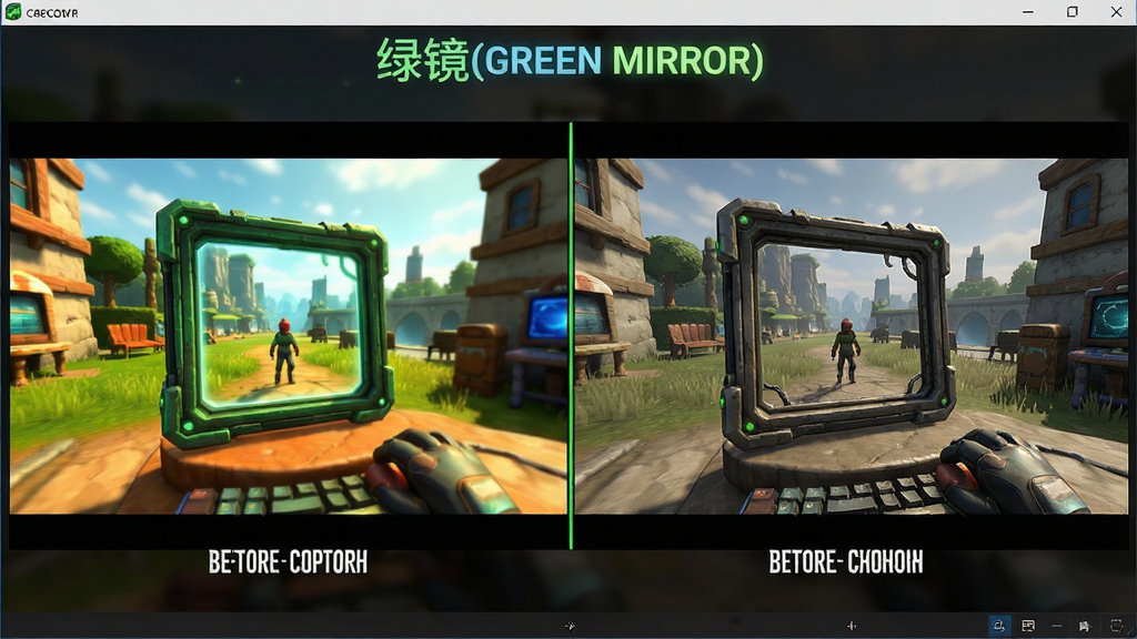 绿镜(Green Mirror) 软件运行效果图,展示游戏画面增强前后对比,突出色彩鲜艳与细节清晰。
