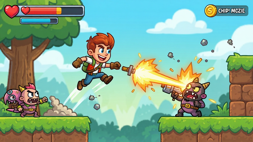 ð�ջ��(The Adventure Pals) ��Ϸ�淨��ͼ��չʾ˫�˺������س�����ɫ�����޵Ŀ�ͨ��񣬽�ɫ��Ծ�������ˣ�������ʾ����ֵ���ң������Χ���ɻ���