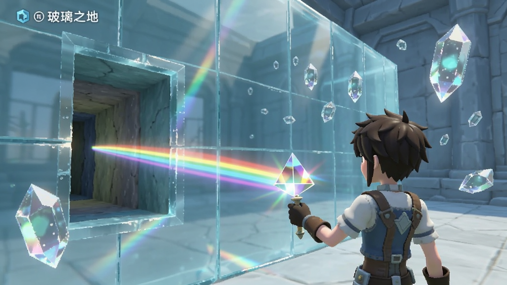 ����֮��(The Land of Glass) �淨�����ͼ����ɫ�ֳ��⾵���ߣ�����һ��޴���ǽͶ����������߷��ѳɶ�����ɫ��ǽ����������ͨ������Χ��Ư���Ĳ������壬������������