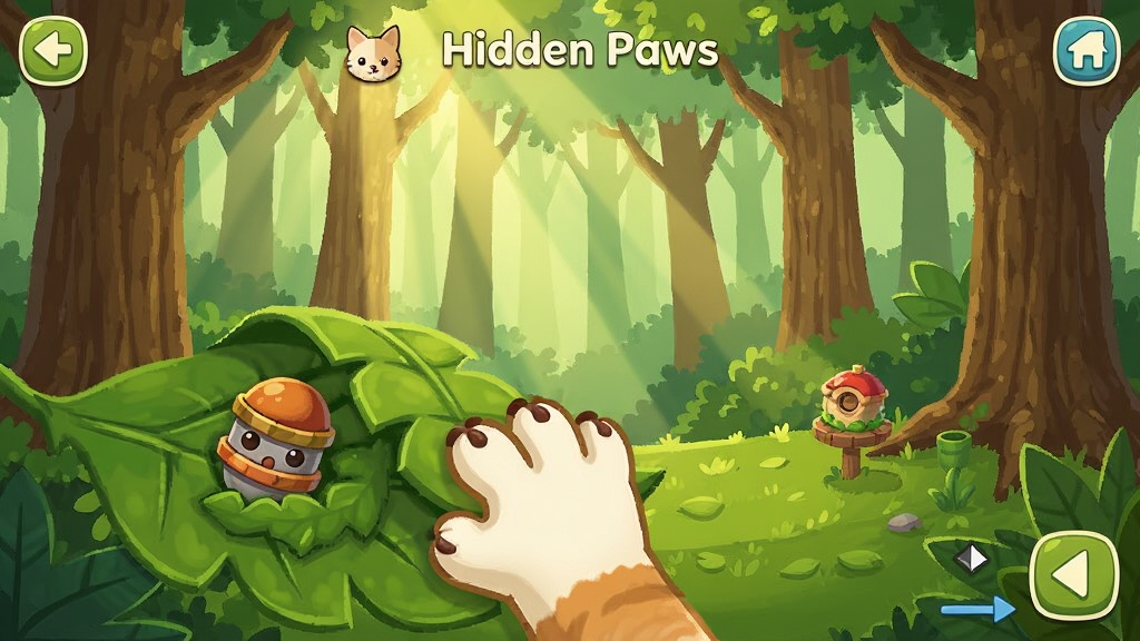 ���ص�צ��(Hidden Paws) �淨չʾ��è����ɭ�ֳ�����Ѱ��������Ʒ������צ�Ӳ�����Ҷ������͸�����ң�����������UI��࣬չ�ֽ��չ��̣���Ϸ��ͼ���