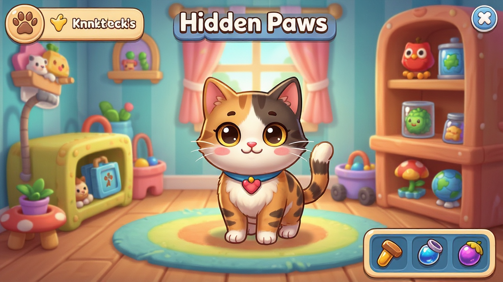 ���ص�צ��(Hidden Paws) ��Ϸ�����棬һֻ�ɰ���è��վ��ɫ�����޵Ŀ�ͨ�������Χɢ���Ÿ���������Ʒ����������������������ʾ�͵������������ܰ������������Ϸ��ͼ