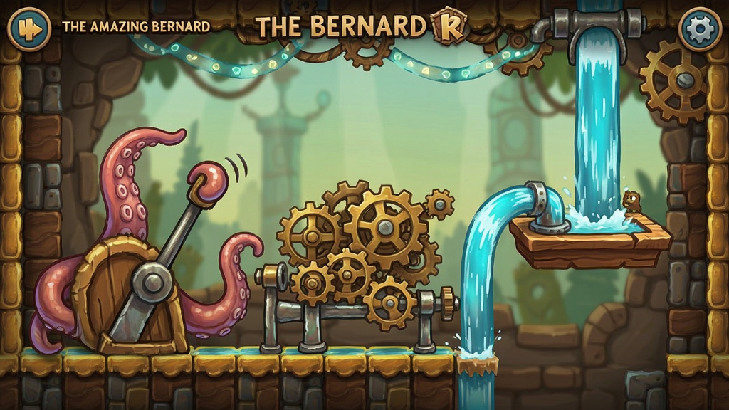 �˲���Ĳ��ɵ�(The Amazing Bernard) ��Ϸ�淨��ͼ չʾ���ɵ��ô��������ܸˣ����ӳ��ֻ��أ�����ˮ���ƶ�ƽ̨���ؿ���Ƴ�������