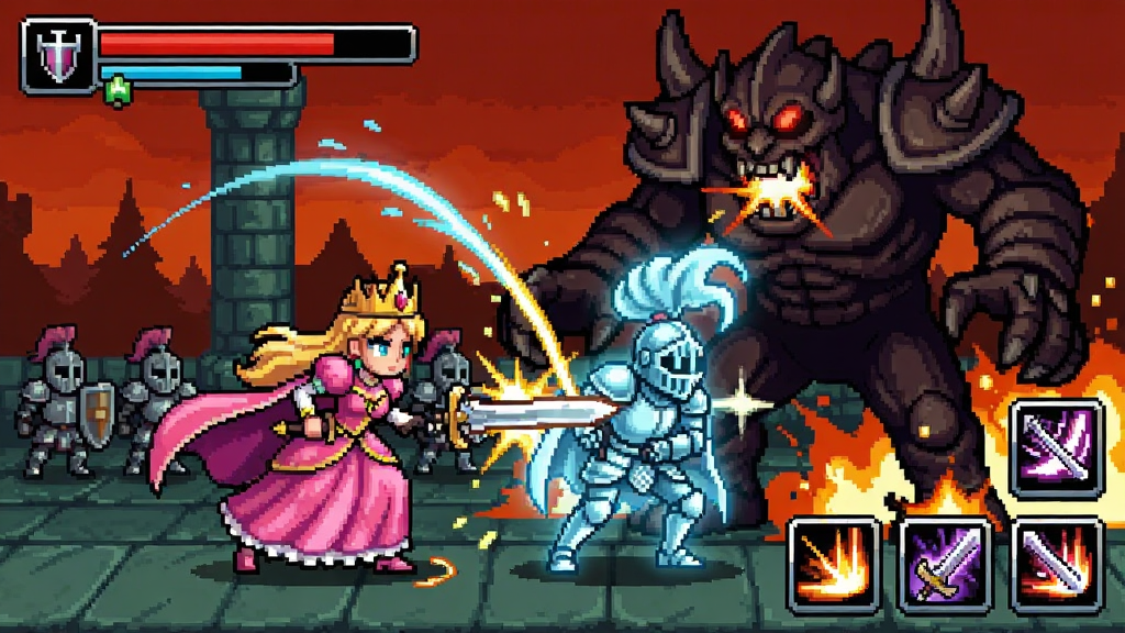 ս�����������(Battle Princess Madelyn) ��Ϸս��������������������ʿ������ս����Ծ���BOSS����Ļ����ʾѪ���ͼ���ͼ�꣬��̬��Ч�����ط�񣬽��Ŵ̼�