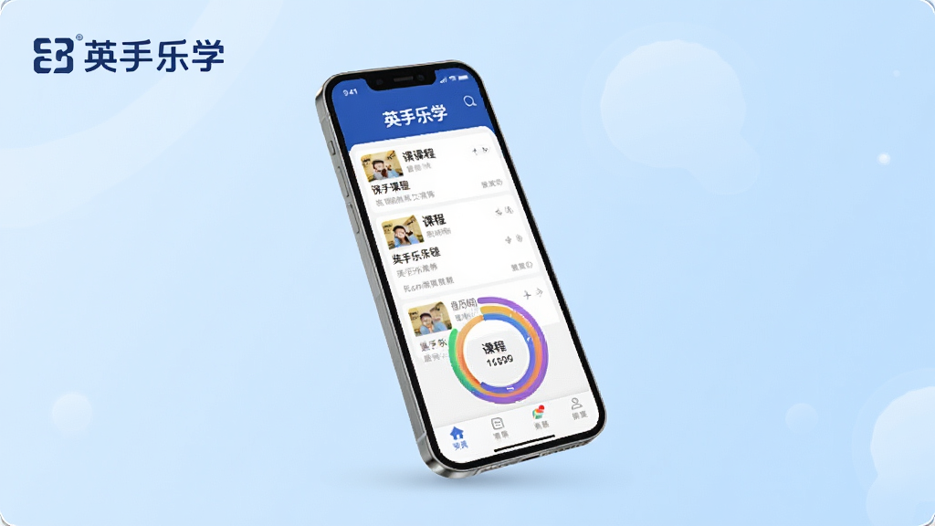 һ��չʾӢ����ѧApp������ĸ����ͼ������Ϊǳ��ɫ���䣬���������Ŵ򿪵��ֻ�����Ļ��ʾ�γ��б��Ͳ�ɫ���Ȼ�������ɾ�������ͻ��Ʒ��Logo��Ӣ����ѧ�����������ִ���Լ��ϸ�ڷḻ�������������޶���Ԫ��