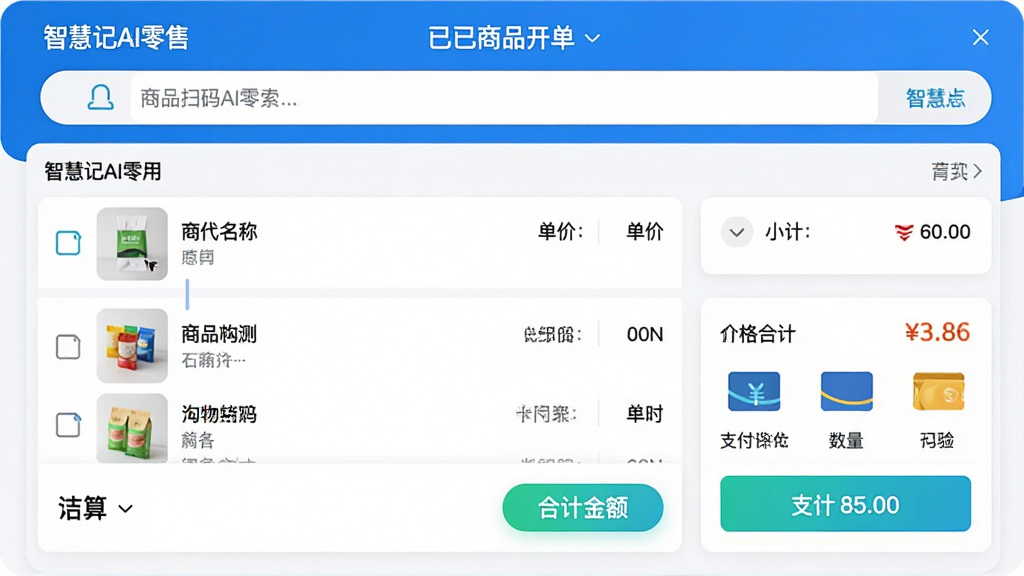 ���壺�ǻۼ�AI���۵����ۿ������棬չʾ���ﳵ��Ʒ�б����۸�ϼ���֧����ʽѡ�����򣻲��֣�����Ϊ��Ʒɨ���������в�Ϊ��ѡ��Ʒ��ϸ���ײ�Ϊ���������Ű棺��ƷͼƬ���ԡ����ơ����ۡ�������С�Ƶ��ֶζ��룻���������������ť��Ŀ��ϸ�ڣ���Ļ����ʾ���ǻۼ�AI���ۡ���ʶ�����ϼƽ�������֧��ͼ���������룻���ʣ����壬�ɾ���