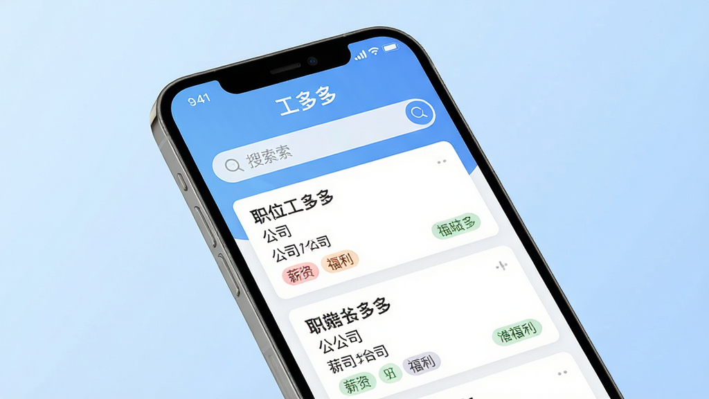 һ��չʾ�������������ȫò��ͼƬ������Ϊ�����ֻ���Ļ����Ļ��������ʾ������ࡱAPP�����棬���沼�����룬�Ϸ�Ϊ���������·�Ϊ��λ�б���ÿ����λ��Ƭչʾְλ���ơ���˾��н�ʺ͸�����ǩ������Ϊ����ɫ���䣬���������ִ��������������ɾ��޶���Ԫ�أ����������ɼ���