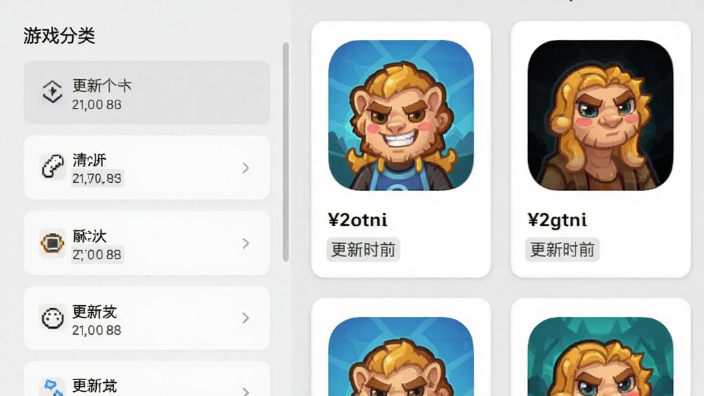 掌抓游戏管理界面截图,左侧为游戏分类列表,右侧显示游戏图标和大小信息,背景为浅灰色,界面采用卡片式布局,每个游戏卡片有游戏名称和更新时间标签,整体风格清爽简洁,画质干净,无多余元素