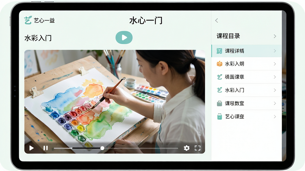 ���壺������һ�桱Ӧ���ڿγ�����ҳ��չʾһ�ڻ滭��ѧ��Ƶ������������ʦʾ��ˮ�ʼ��������֣�ƽ����Ժ���չʾ�����Ϊ��Ƶ���������Ҳ�Ϊ�γ�Ŀ¼��ʼ������Ű棺���涥����ʾ�γ����ơ�ˮ�����š����·��в��Ű�ť���½��б���������½����磬ǳɫ������������ˡ�ϸ�ڣ���Ƶ����������ɫ�����ޣ�����ͼ���Ѻá����ʣ��߷ֱ��ʣ��޶���Ԫ�أ��ɾ�רҵ��