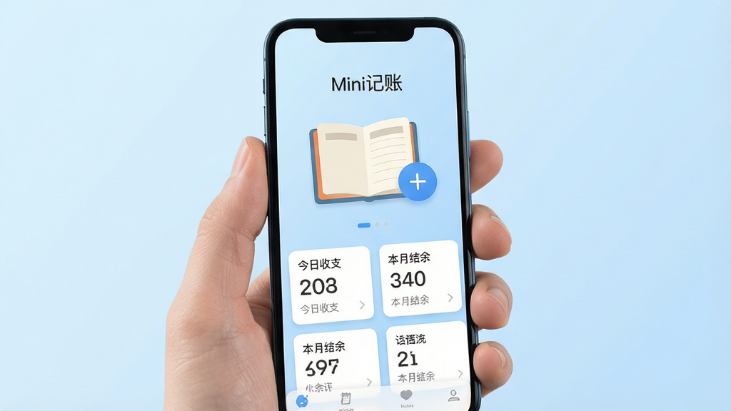 手机屏幕展示Mini记账应用主界面,界面风格极简清爽,背景为柔和的浅蓝色渐变,主视觉是一本打开的小巧账本与悬浮的加号按钮,账本上方有“Mini记账”文字标识,下方排列着今日收支、本月结余等卡片式数据模块,整体布局通透,扁平化设计,无多余装饰,高画质,干净无杂乱元素。