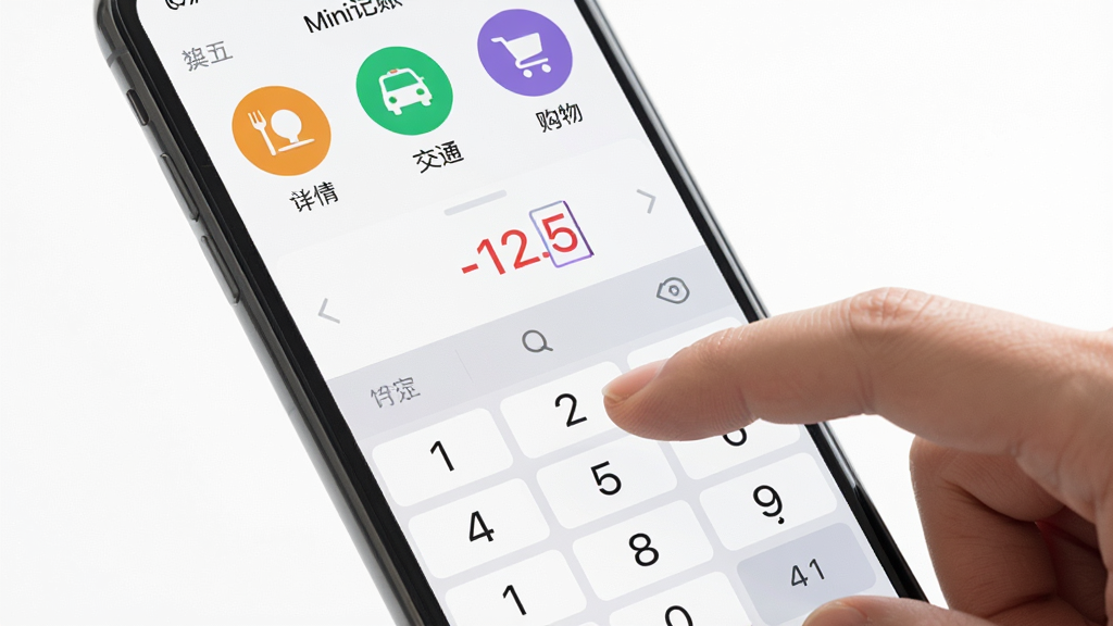 一只手正在点击手机上的Mini记账应用,屏幕显示数字键盘与几个彩色分类圆标,如餐饮、交通、购物,每个图标下有简短文字,界面中央有“-12.5”的金额输入显示,背景为纯白色,突出操作界面,构图清晰,软件界面文字需显示“Mini记账”,画质细腻,光线柔和。