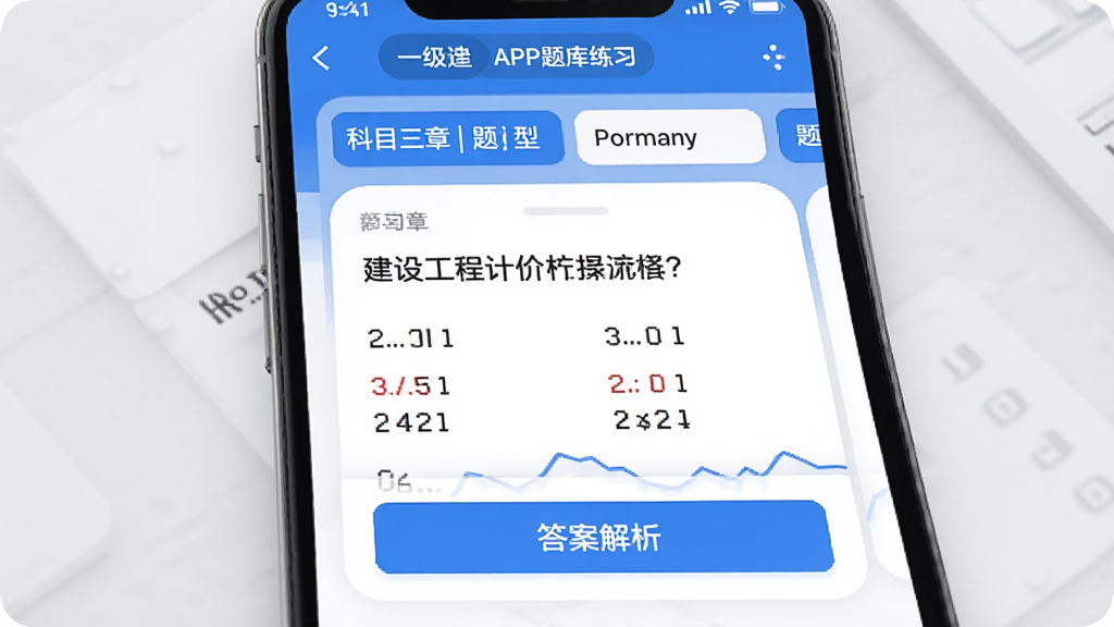 一级造价师APP题库练习界面,展示一道建设工程计价选择题,屏幕下方有答案解析按钮,上方显示科目章节与题型标签,整体UI采用卡片式布局,蓝白配色,文字清晰,界面干净,画质细腻