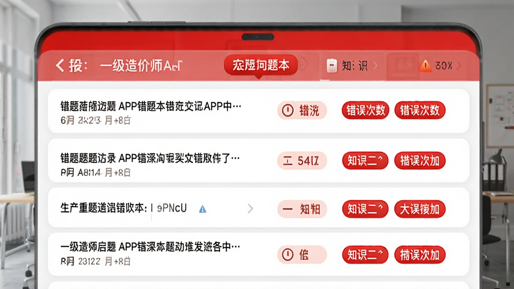 一级造价师APP错题本界面,以列表形式展示错题记录,每条错题包含题目内容、错误次数、知识点标签,界面简洁,红白配色突出警示效果,背景清爽,画质高清