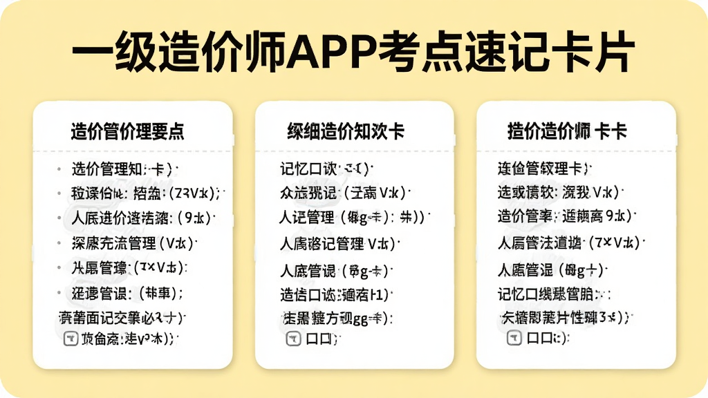 一级造价师APP考点速记卡片,卡片上印有造价管理知识要点和记忆口诀,背景为浅黄色,文字为黑色,卡片式设计,风格简约,背景干净,画质清晰