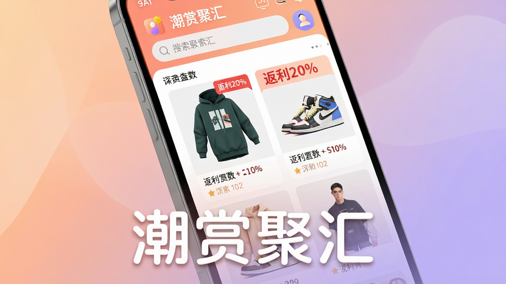 ���壺һ�������������ֻ���Ļռ�ݻ������ģ���Ļ��������ʾ�����;ۻ㡱APP����ҳ���棬���沼��������������Ʒ�ٲ�������Ŀ�ķ��������ʾ�����֣��ֻ���΢��б������Ϊ��͵Ľ���ɫ����ǳ��ɫ���ɵ�����ɫ��Ӫ���ʱ���ҳ��������ķ�Χ���Ű棺�ֻ��·����Լ��İ�ɫ�����֡����;ۻ㡱������Բ���ִ�����񣺱�ƽ�������΢3D�ʸУ���ҵ�����ϸ�ڣ��ֻ���Ļ��չʾһ���������º�һ˫��Ь����Ʒ��Ƭ������ע������20%���ĺ�ɫ��ǩ�����ʣ�8K��������Ⱦ���ɾ����޶���Ԫ�ء�