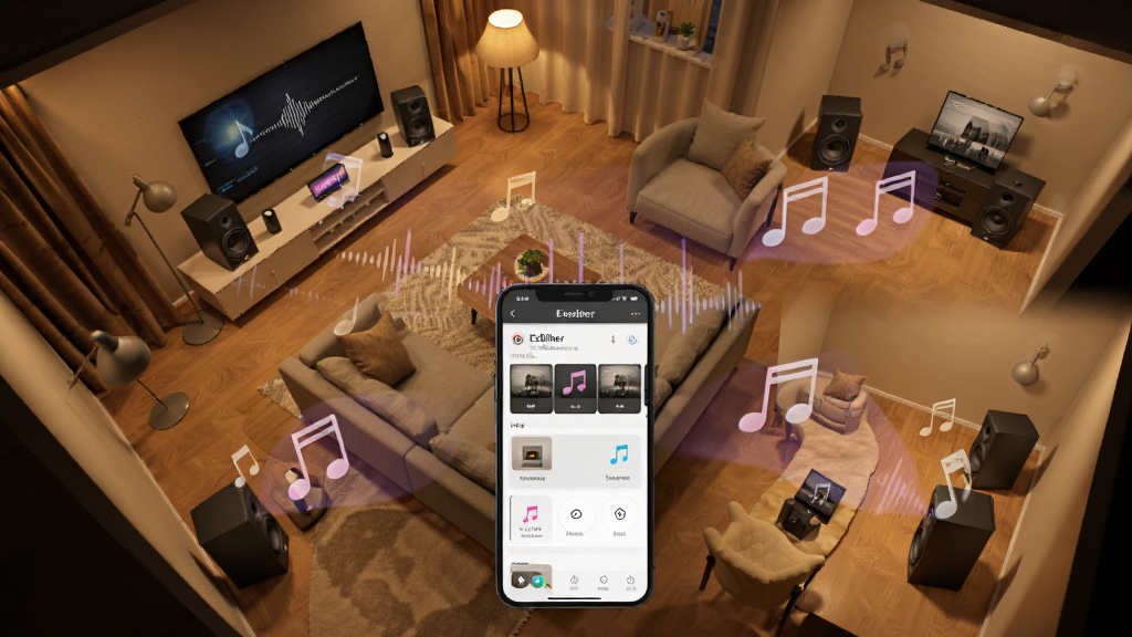 Edifier Home�෿�䲥�Ž��棬һ����������ͼ����������ڷ�����Edifier���䣬ÿ�������������ַ��ţ��ֻ�Ӧ�ý�����ʾ������飬����Ϊůɫ���Ҿӷ�񣬻����������޶���Ԫ�أ�����ȫ�����ָ��ǵ��������顣
