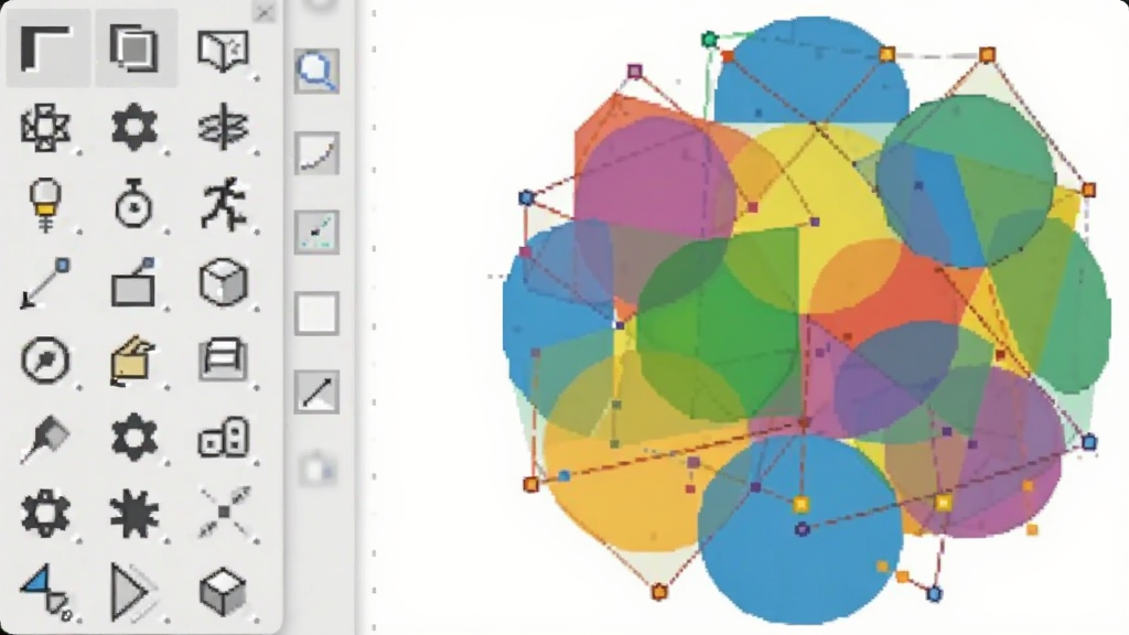 һ�� Inkscape ������������дͼ������۽������ĸ����ͼ����ͼ�꣬�Ҳ໭����չʾ��һ���ɻ�����״ͨ������������϶��ɵĸ��Ӽ���ͼ�Σ������࣬����������