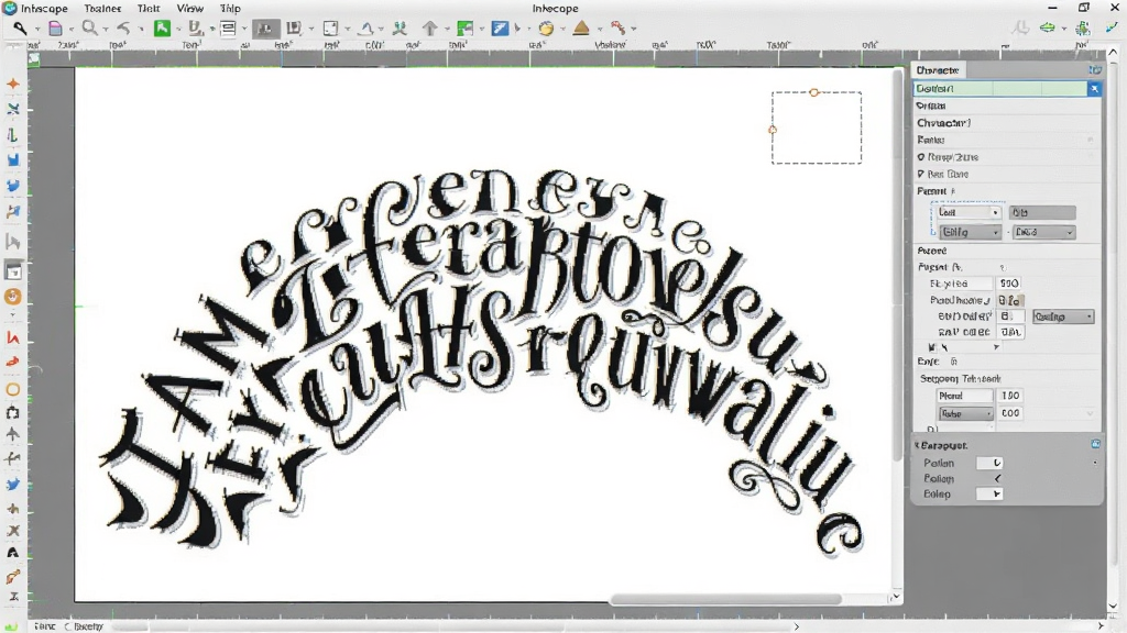 һ��չʾ Inkscape �����Ű湦�ܵĽ����ͼ��������չʾ��һ��������·�����е�Ӣ�������֣�������ʽ��䣬�����ж���ı�����ʾ�ַ����������ѡ�����ִ���ϸ�ڷḻ��