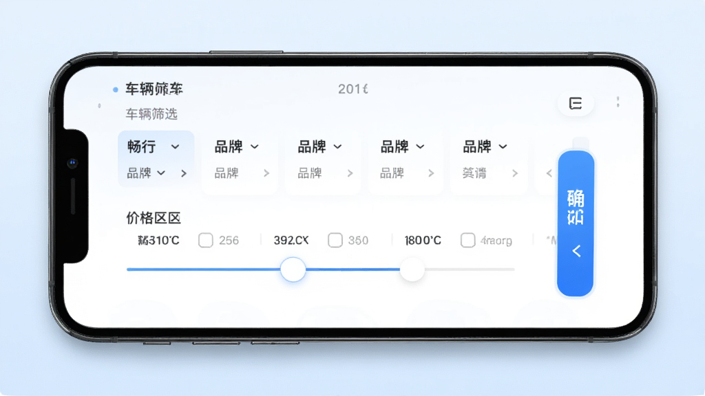 主体是畅行优车APP的车辆筛选界面,手机横屏展示,屏幕上显示品牌列表和价格区间滑动条。布局为手机居中,周围有轻微阴影,背景是干净的浅蓝色渐变。排版清晰,筛选条件分类明确,有确定按钮。风格现代简洁,UI细节精致,画质高清,无多余元素。