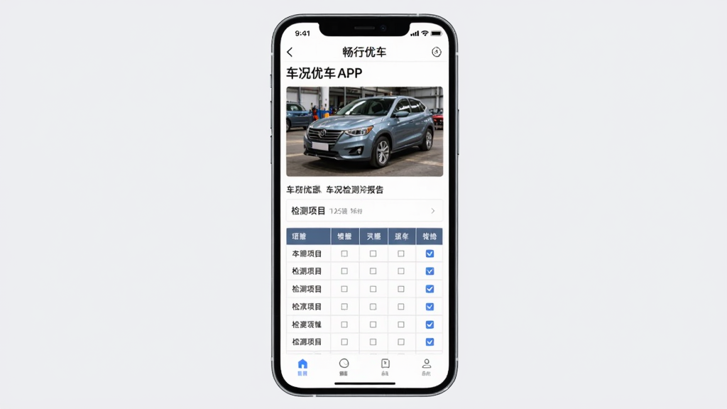 主体是畅行优车APP内打开的一份车况检测报告页面,手机竖屏展示,屏幕上有车辆照片和检测项目表格。布局为手机居中,背景为浅灰色。排版有表格线条,勾选标记,整体风格商务严谨,细节清晰,画质干净,无多余元素。