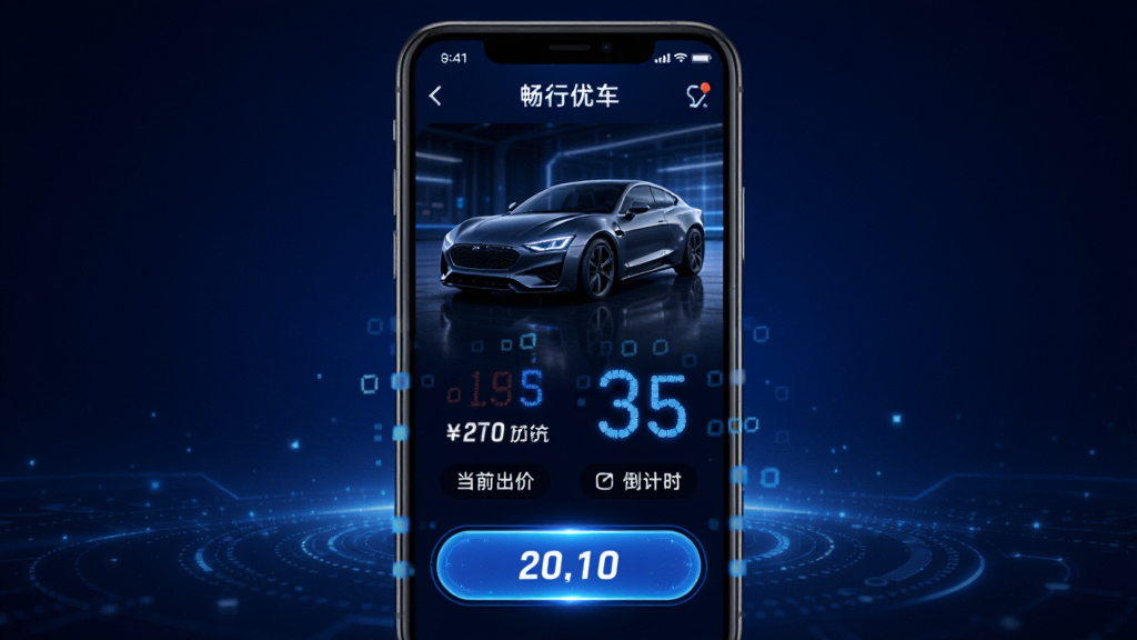 主体是畅行优车APP的竞拍大厅界面,手机竖屏展示,屏幕上有一个车辆图片,下方显示当前出价和倒计时。布局为手机居中,背景为深蓝色科技感渐变。排版有数字跳动效果,出价按钮醒目。风格炫酷,细节表现力强,画质清晰,无多余元素。