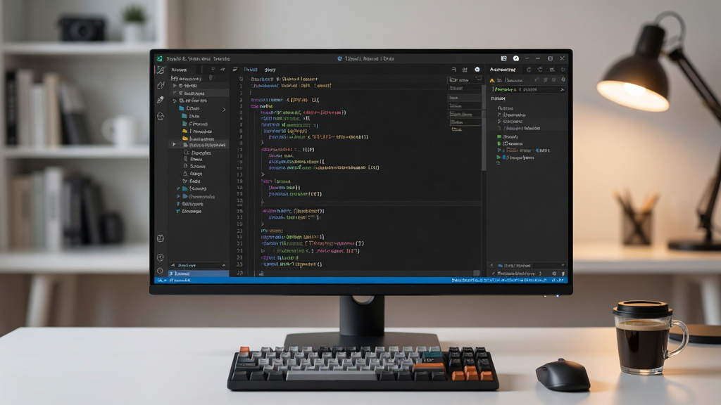 һ���ִ����ɾ������湤��������������������һ̨������ Visual Studio Code �༭���ĵ�����ʾ������Ļ����ʾ��ɫ�ʷ����Ĵ������������Դ�������ļ������Ҳ��л���Ͳ���������������ɫ���⣬�������������Χ�Ƶ��԰ڷ��Ż�е���̡�����һ�����ȣ��������ࡣ����Ϊģ���ļ�Լ�鷿��ůɫ̨�Ʋ��⡣���ʸ��壬ϸ�ڷḻ���ɾ��������ͼƽ�⣬ͻ�����������빤����Χ��