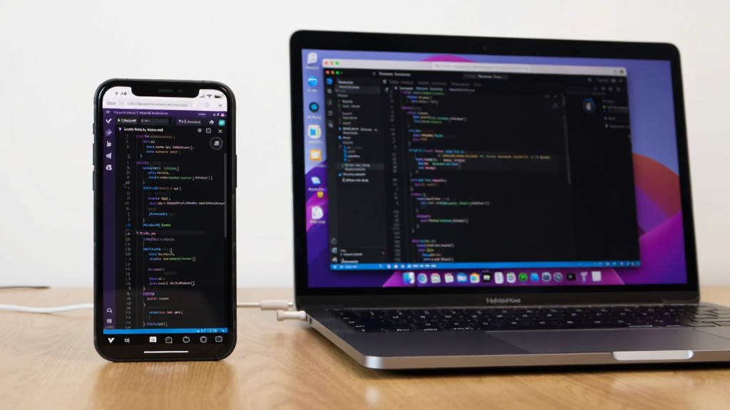 һ�������ֻ���һ̨�ʼǱ����Բ��Űڷ���ľ�������ϣ��ֻ���Ļ��ʾ Visual Studio Code ����ҳ��༭���棬ͬ������һ�ݴ����ļ����ʼǱ�������Ļ����ʾ�������������༭�����ڣ������γɶԱȡ�������࣬����������ͣ��ɾ��޶���Ԫ�أ�չʾ���豸ʹ�õı����ԡ�